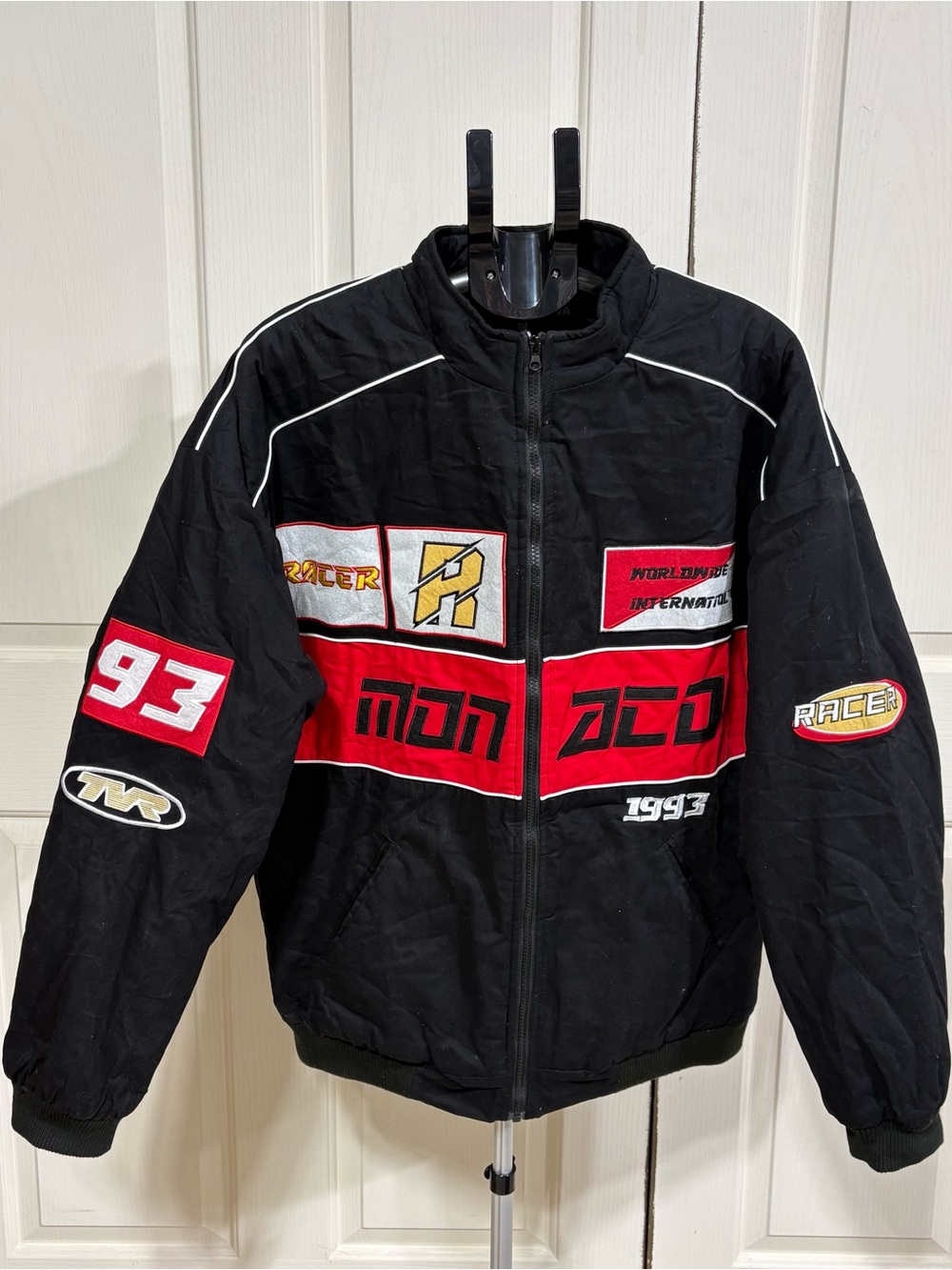 Fashion Nova Racing Jacket with Embroidered Patches Size Large Black Quilted Zip